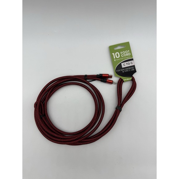 The Unbranded Brand Other - 10-Foot Red & Black Braided USB-C To USB-C Cable Fast Charge & Data Transfer